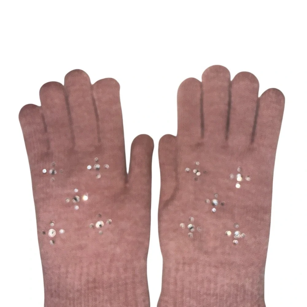 Pink Sparkle Studded Knit Gloves Soft Warm Fleece Lined Winter Cold Weather